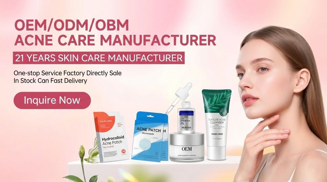 Acne patches on face and product showcase