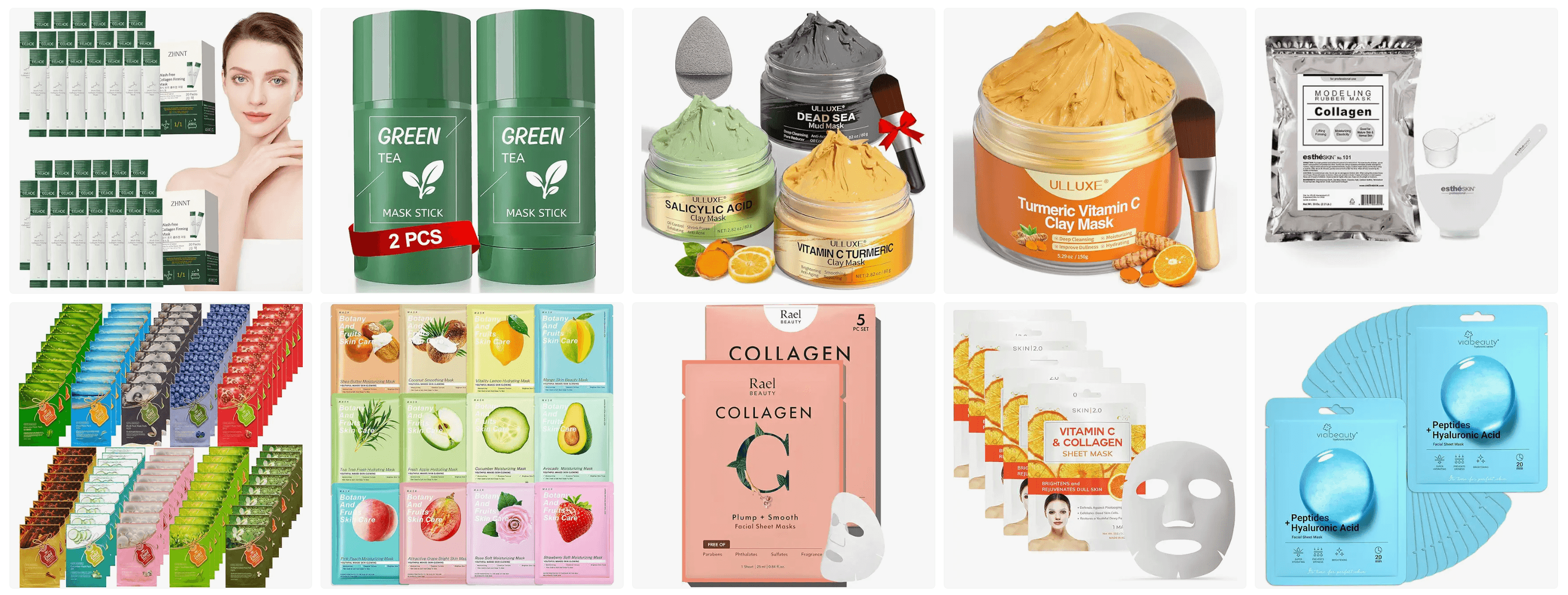 Different types of OEM facial masks including sheet, clay, and hydrogel